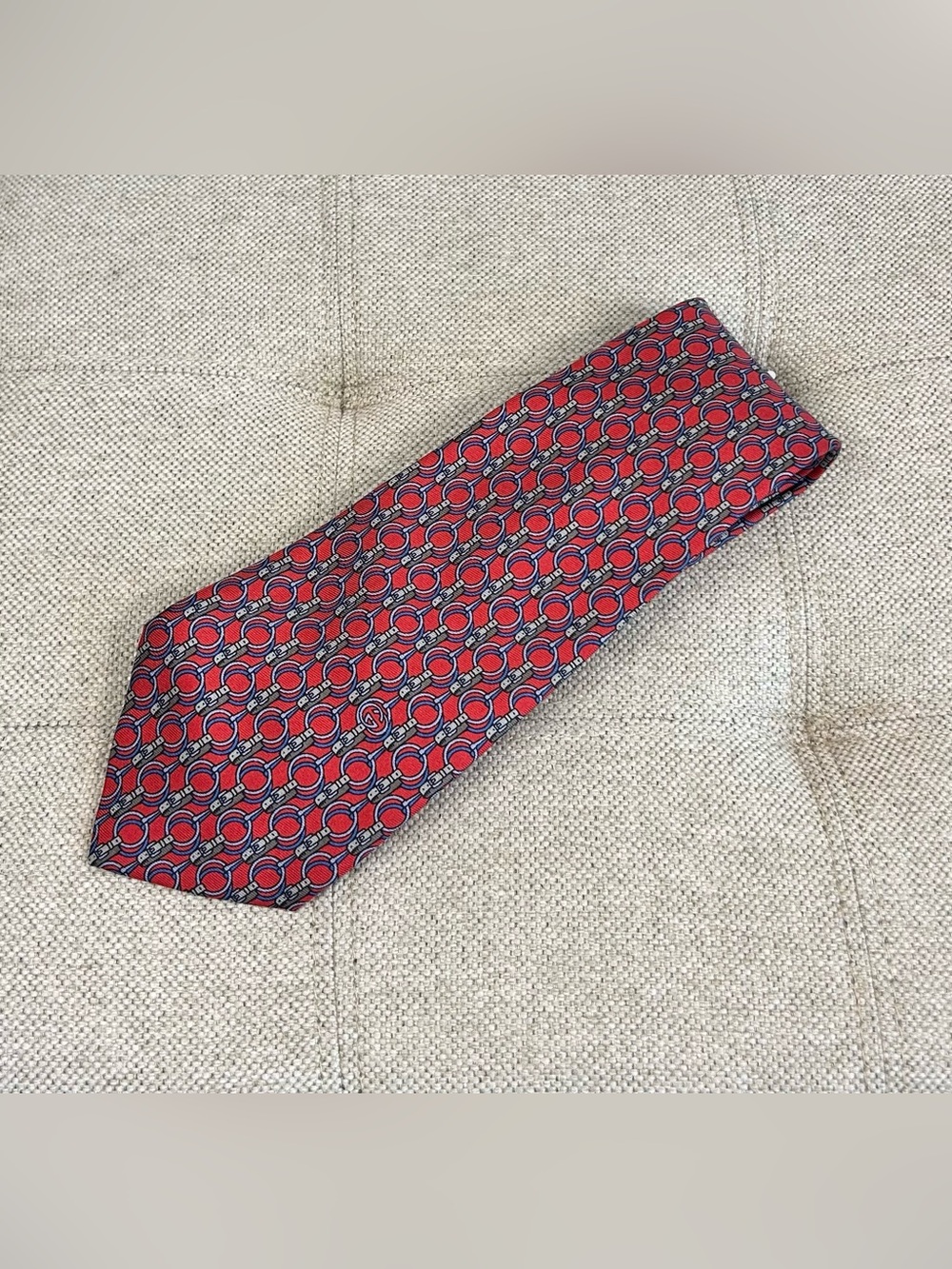 Gucci Red Horsebit Monogram Necktie Tie 57”X3.5” 100% Silk Designer Italy